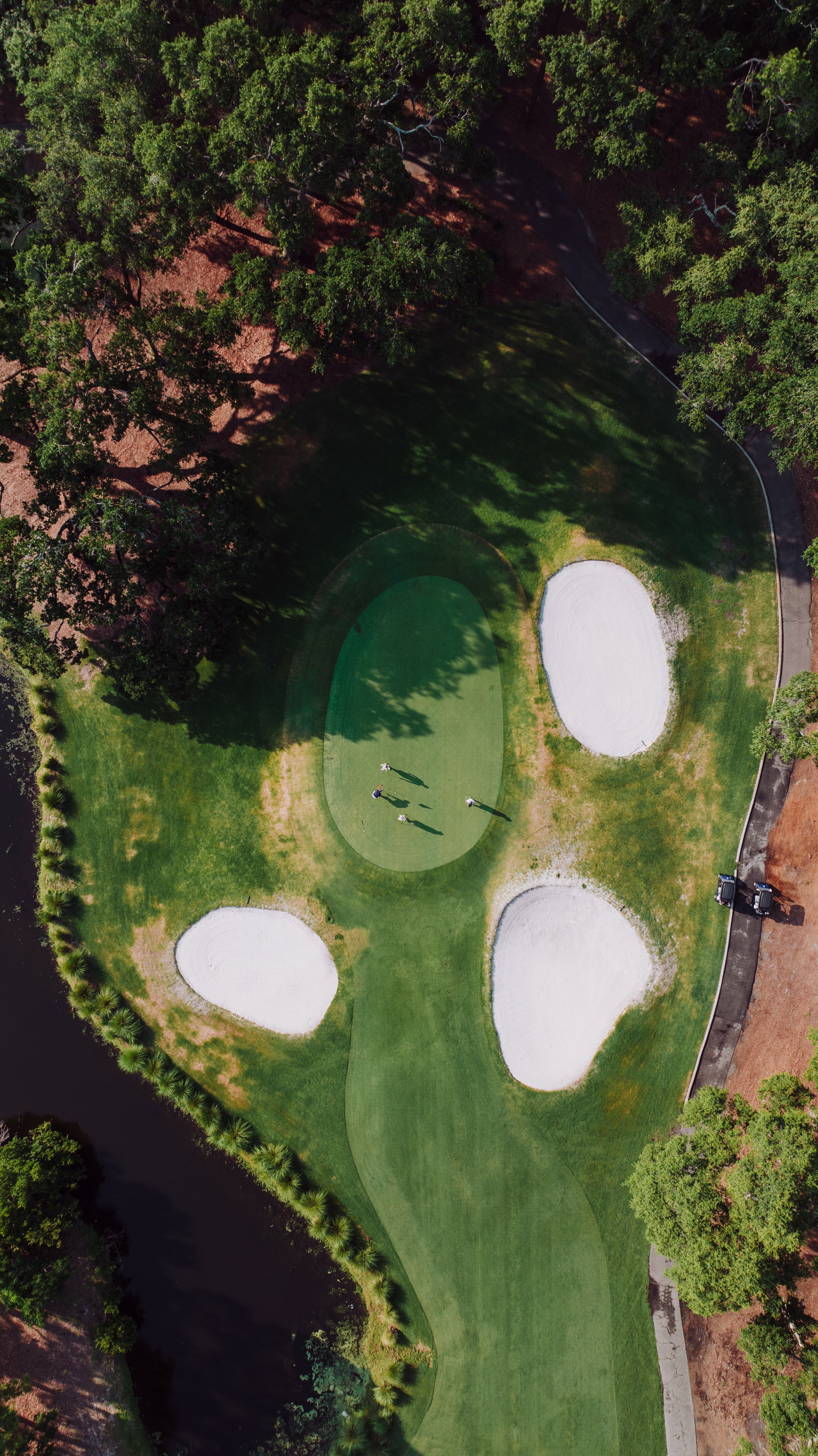 Aerial view of coastal golf course with bunkers